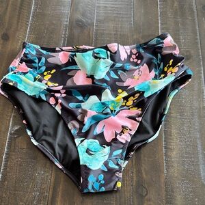 Floral Bikini Bottom in Black with Pastel Accents